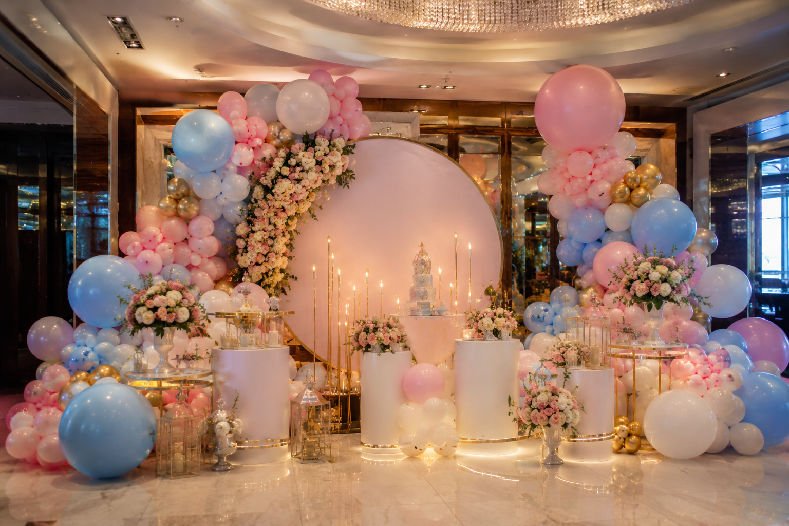 Best Event Planner in Varanasi showcasing a luxury birthday party decoration with pastel pink, blue, white balloons, and elegant floral décor.