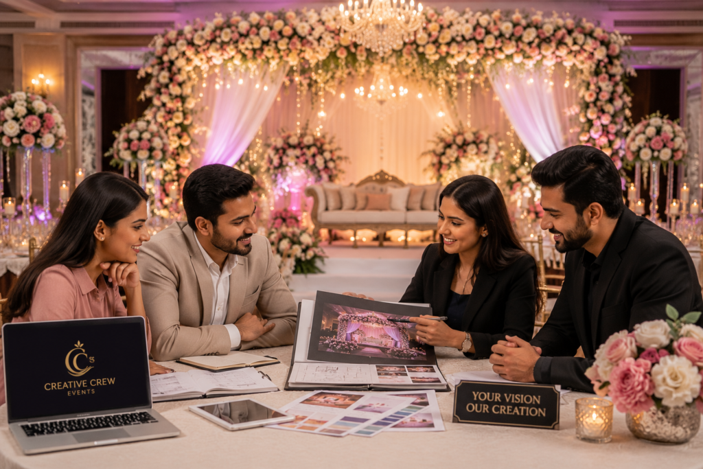 Event planning team discussing wedding decoration ideas with the Best Event Planner in Varanasi